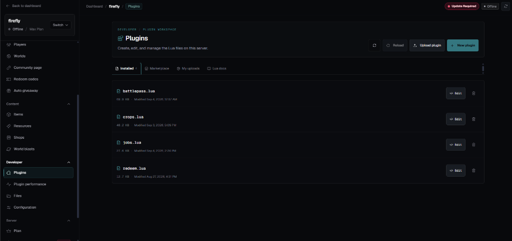 The FyreflyHost panel showing a server's installed Lua plugins